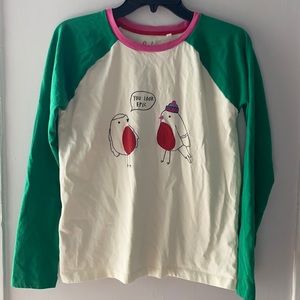 Boden winter baseball inspired shirt with robins.  Colorful, size 15-16 years
